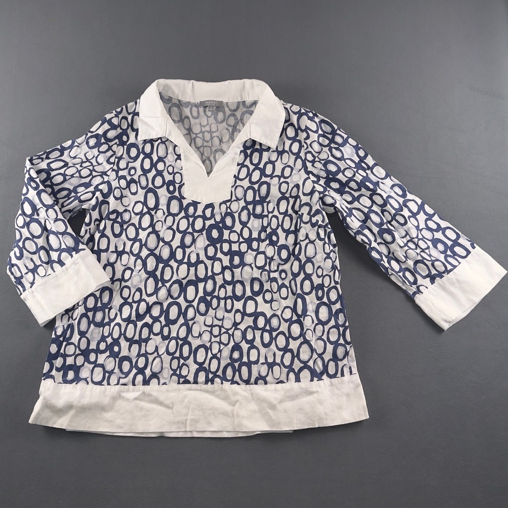 Habitat Clothes To Live In Womens Medium Linen Cotton Blue White Circle Tunic